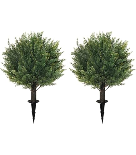 2 Pack 3 Ft Artificial Cedar Topiary Trees - UV Resistant, With Ground Spikes, For Outdoor/Indoor Porch & Garden Decor