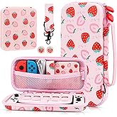 GLDRAM Pink Strawberry Carrying Case for Nintendo Switch & OLED Modle, Portable Switch Travel Protector with Cute Game Card Case, Shoulder Strap & 2 Thumb Caps, Switch Accessories Bundle for Girls