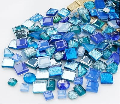 Meschett 500g Glass Mosaic Tiles Irregular Crystal Bulk Blue for DIY Crafts