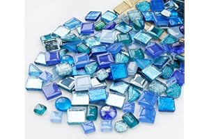MESCHETT 1.1 Pounds Glass Mosaic Tiles, Irregular Crystal Mosaic Tiles for Crafts Bulk and Tiny Stepping Stone kit, Transparent Stained Glass Sheets for Handmade DIY Art Crafts and Home Decoration,Blue