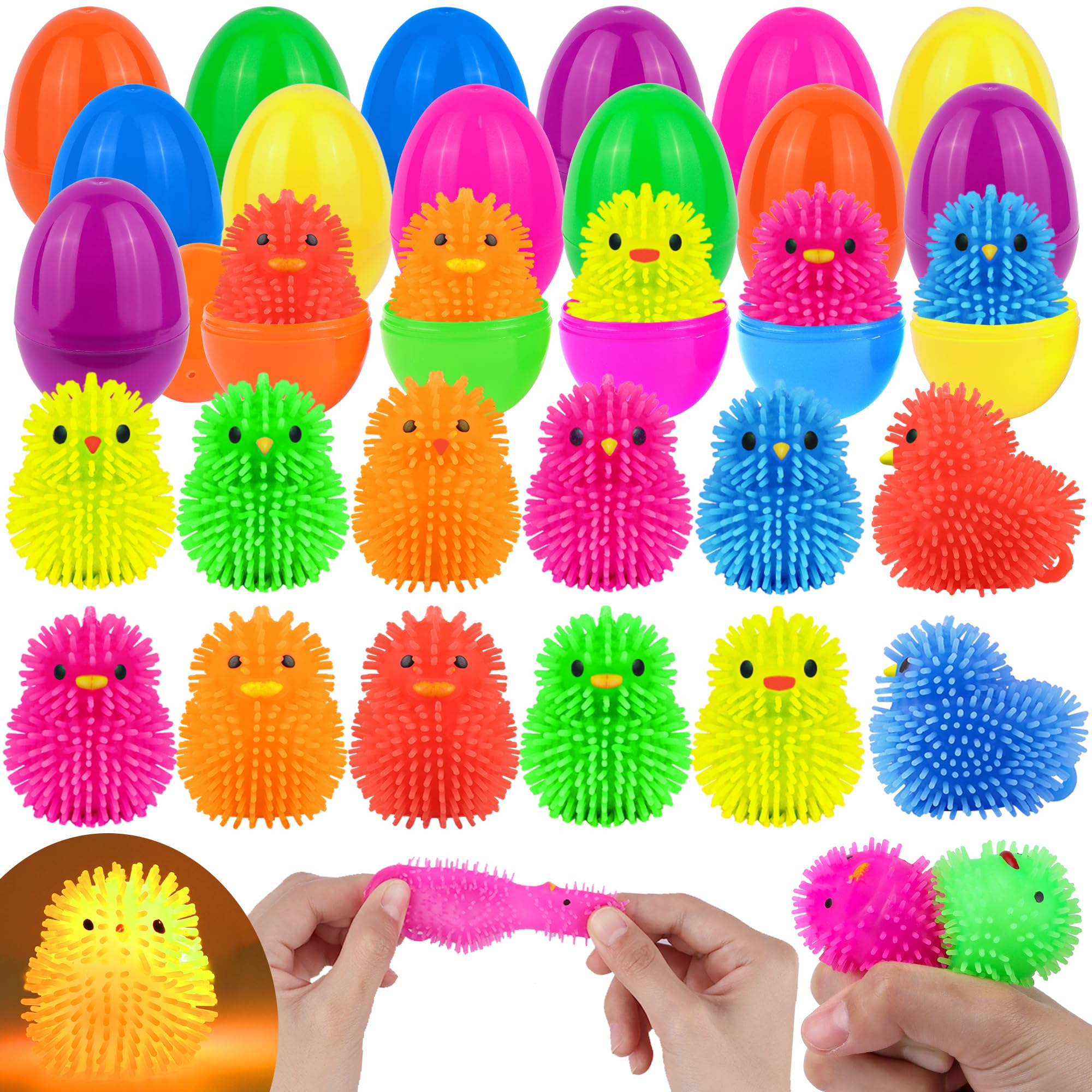 Photo 1 of 18 Pack Easter Eggs Filled LED Chick Duck Puffer Balls Easter Egg Fillers Toys, Light Up Stress Relief Fidget Toys Squeeze Ball Easter Basket Stuffers for Kids Boys Girls Easter Eggs Hunt Party Favors