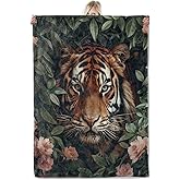 ICAAV Tiger Floral Flannel Blanket 50x60in,Fierce Jungle Animal Face with Pink Flowers,Soft Lightweight Wild Animal Throw for Men,Women,Nature Lovers,Bedroom Couch Décor Gifts Blankets