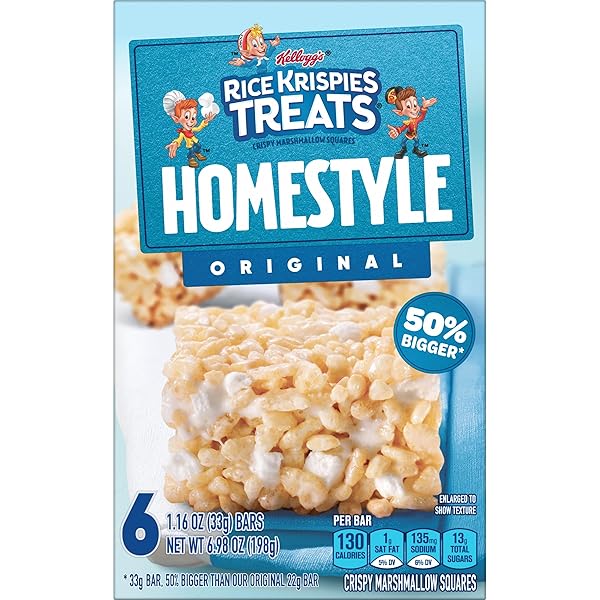 RICE KRISPIES TREATS HOMESTYLE CRISPY MARSHMALLOW SQUARES, KIDS SNACKS, SNACK BARS, ORIGINAL, 6.98OZ BOX (6 BARS)