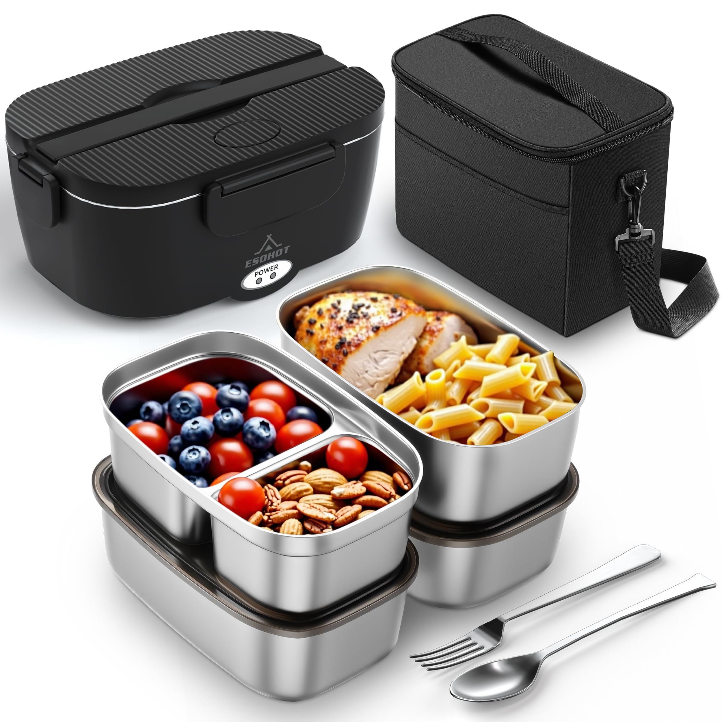 Photo 1 of ***FLAP TO HOLD DOWN LID IS DAMAGED (BROKEN)**** ESOHOT Heated Lunch Box,120W Electric Lunch Box for Adults with 1.5L 304 Stainless Steel Container, 12V/24V/110V Lonchera Eléctrica Portátil for Travel,Work,Car,Truck (Pure Black, 1.5L x 4)