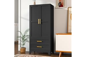 pozdeg Metal Armoire Wardrobe Closet, 71 "Tall Clothing Storage Cabinet with Hanging Rods and 2 Drawers, Household Closet Organizers with Adjustable Shelves for Home Office or Gym (Armoire-Black)