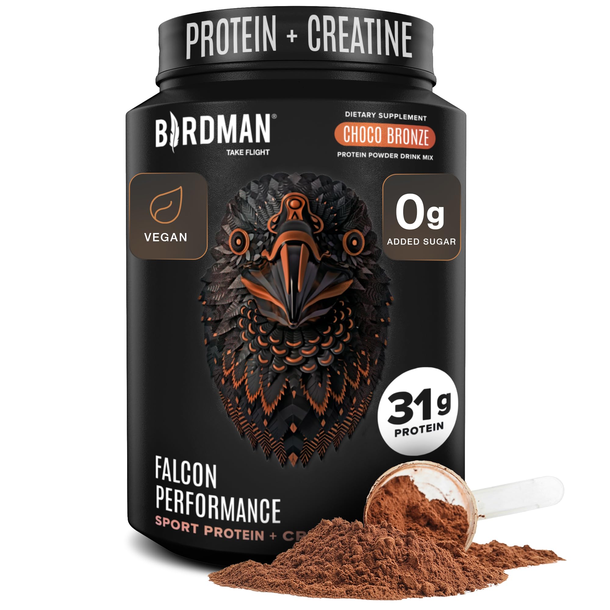 Birdman Falcon Performance Vegan Protein Powder, 31g Protein, 5g Creatine, 5g BCAA, Probiotics, Electrolytes, Pre Workout, Low Carb, Sugar Free & Dairy Free, Plant Based Chocolate Protein -19 servings