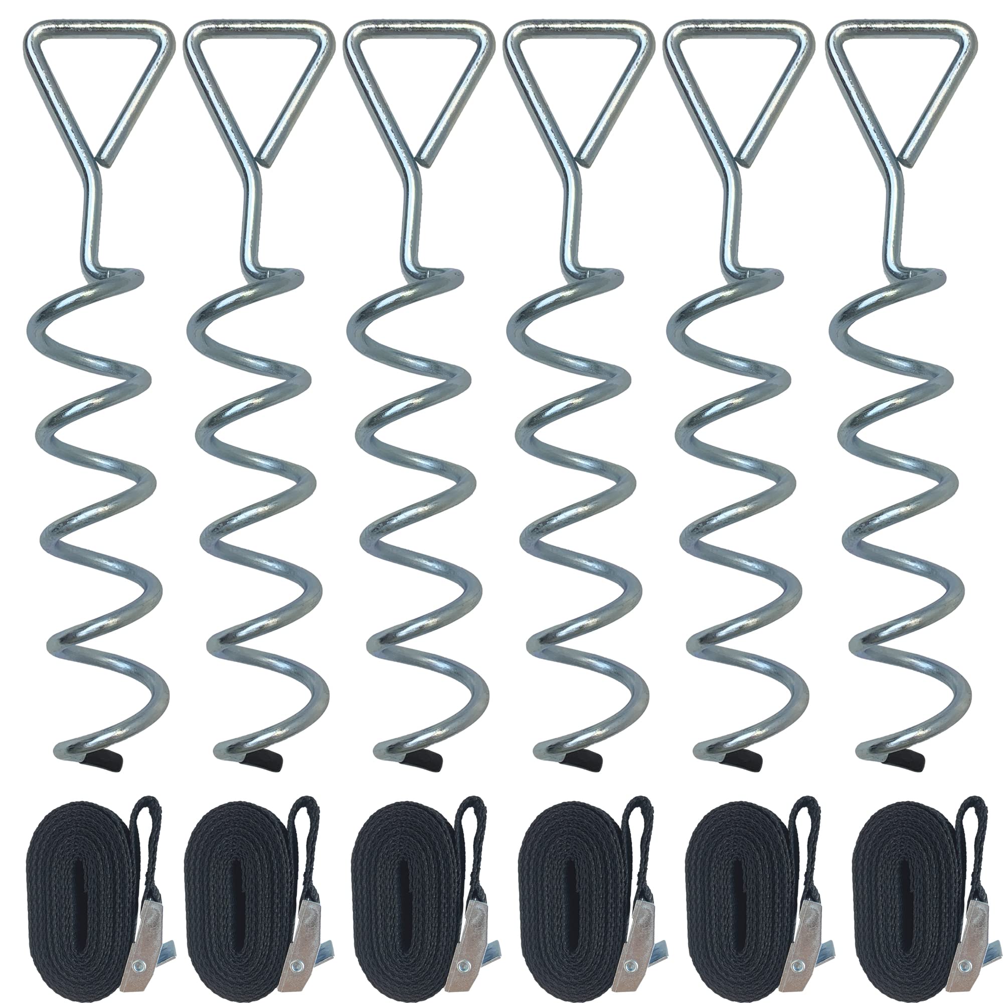MUKCHAP Set of 6 31cm Trampoline Anchor Kit with Triangle Head, Galvanized Spiral Ground Anchor Set with Stakes and Straps for Sheds, Swings, Tents