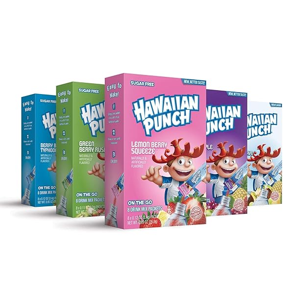 HAWAIIAN PUNCH, PARADISE VARIETY PACK– POWDER DRINK MIX – (5 BOXES, 40 STICKS) – SUGAR FREE & DELICIOUS, EXCELLENT SOURCE OF VITAMIN C, MAKES 40 FLAVORED WATER BEVERAGES