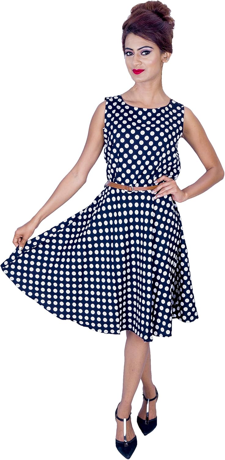 Buy Deltin Women S Crepe Short Western One Piece Sleeveless Polka Dots Dress Black Small At Amazon In