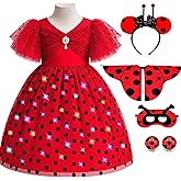 ZZIHAN Girls Light Up Ladybug Costume-LED Princess Dress with Wings & Accessories for Halloween,Birthday & Cosplay,Ages 3-11