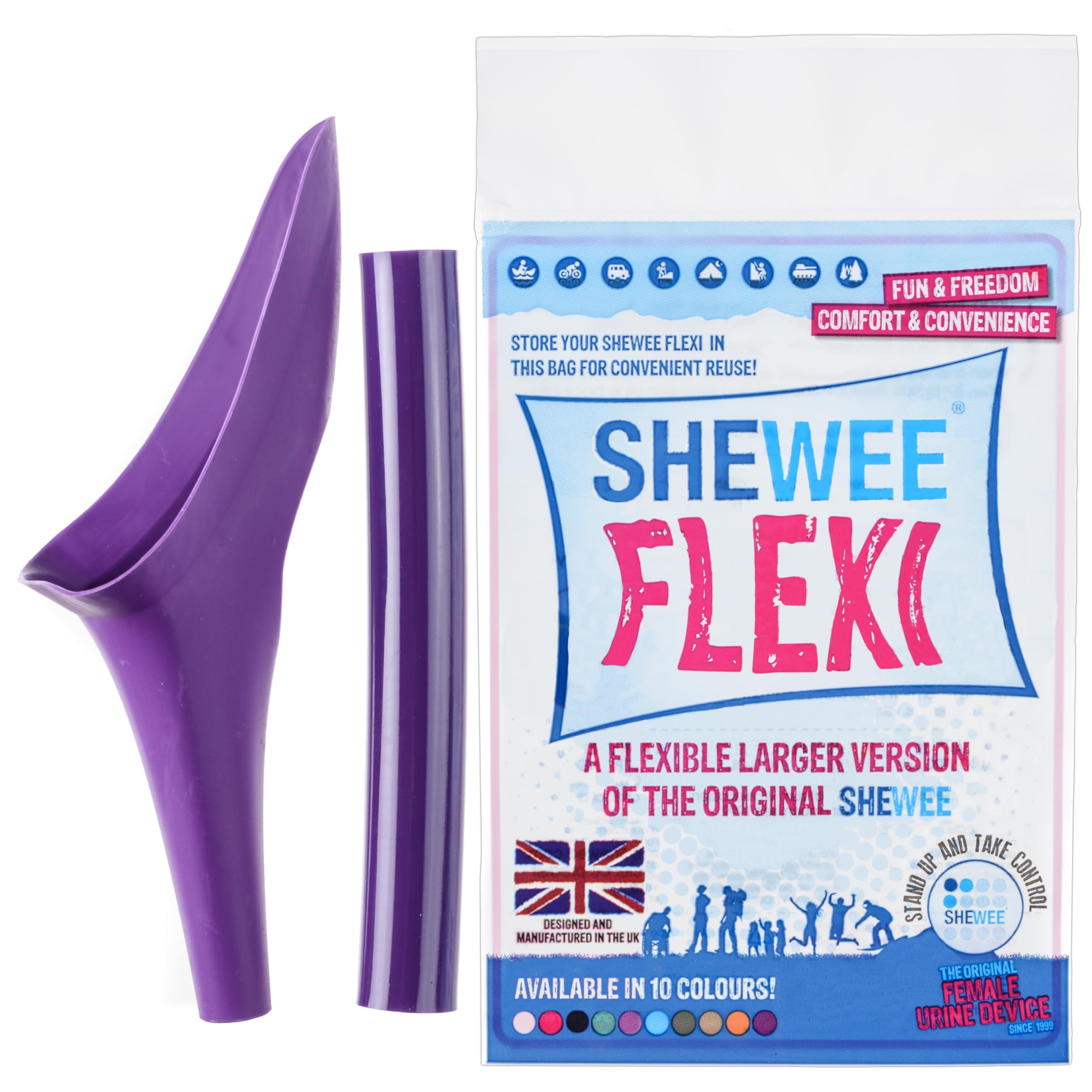 SHEWEE Flexi – The Original Female Urinal – Made in the UK – Reusable, Flexible & Portable Urination Device. Festival, Camping, Car, Hiking Essentials for Women. Stand to Pee Funnel – Purple
