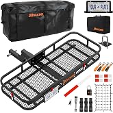 Mockins 6" Raised Heavy Duty Luggage Rack for SUV Car Truck with 500 Lb Cap | Steel Folding Hitch Cargo Carrier 60"x20"x6" &amp; 16 CuFt Vinyl Waterproof Cargo Bag for Hitch Carrier w/ Hitch Rack Accessories