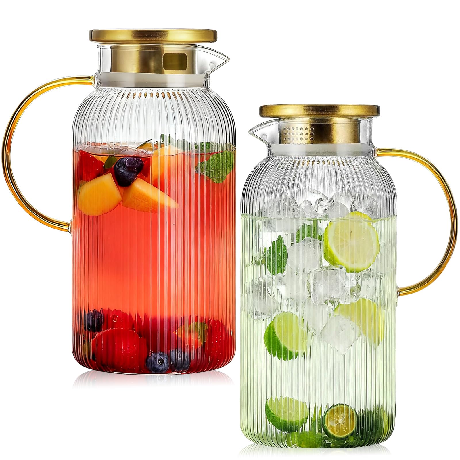 Photo 1 of 2 Pack Glass Pitcher with Lid, 68 oz/2 Liter Vertical Stripe Round Pitcher with Handle, Heat Resistant, Suitable for Refrigerator Storage, Iced Tea, Coffee, Lemonade, Juice, and Beverage Container