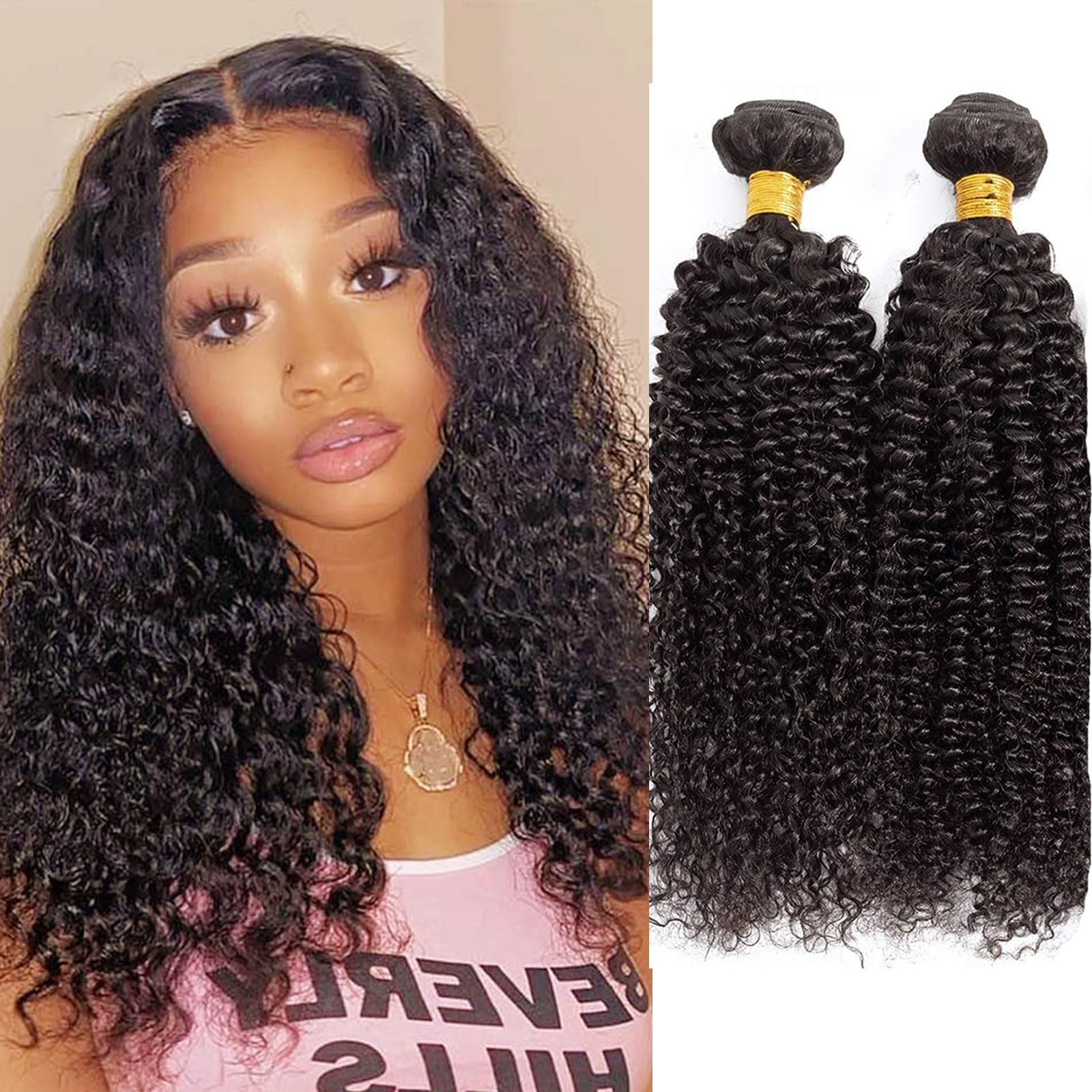 Huarisi Kinky Curly Human Hair Bundles, Brazilian Curly 2 Bundles 12 14 inch, Virgin Brazilian Hair Curly Weaves, 10A Remy Hair Extensions for Black Women 100g/pc