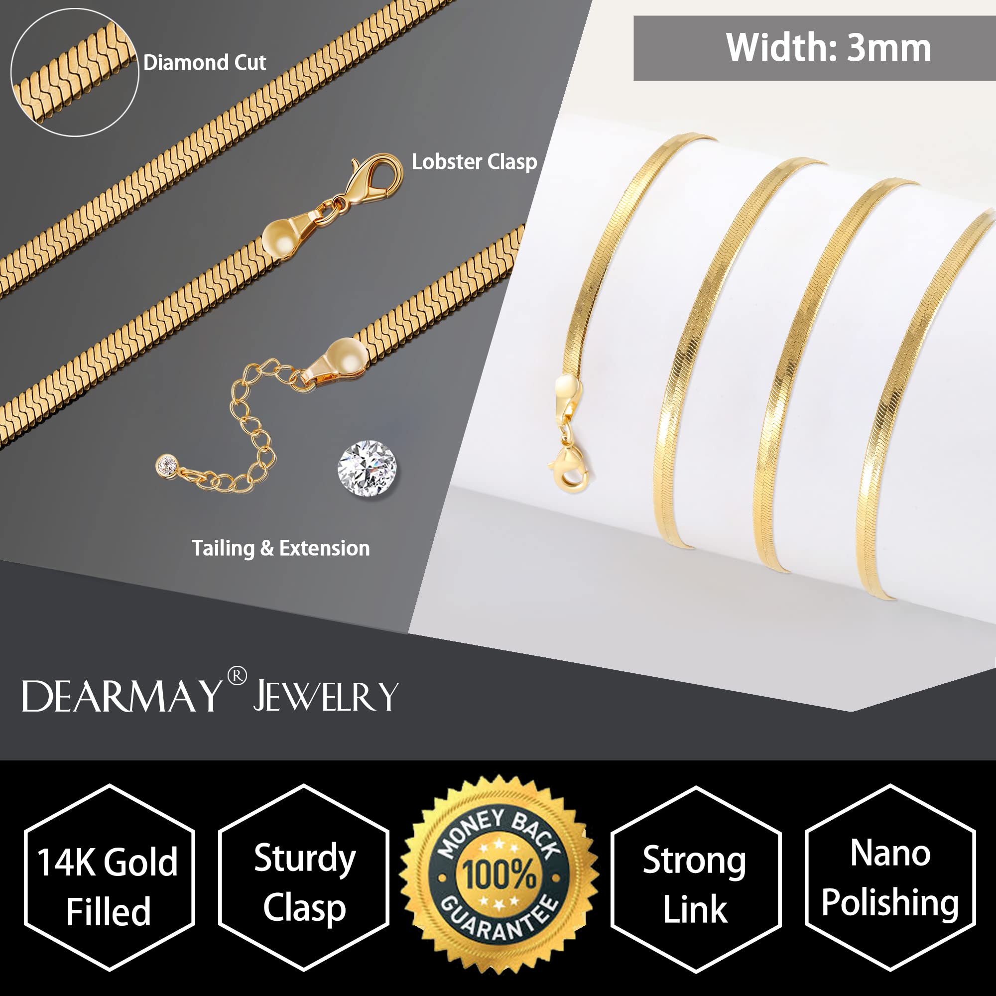 DEARMAY 14K Gold Plated Necklaces for Women, Dainty Gold Herringbone Choker Necklace Thin Layered Snake Chain Jewelry for Gifts
