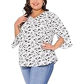 Agnes Orinda Plus Size Spring Tops for Women 3/4 Sleeve V Neck Chiffon Work Dressy Casual Shirt