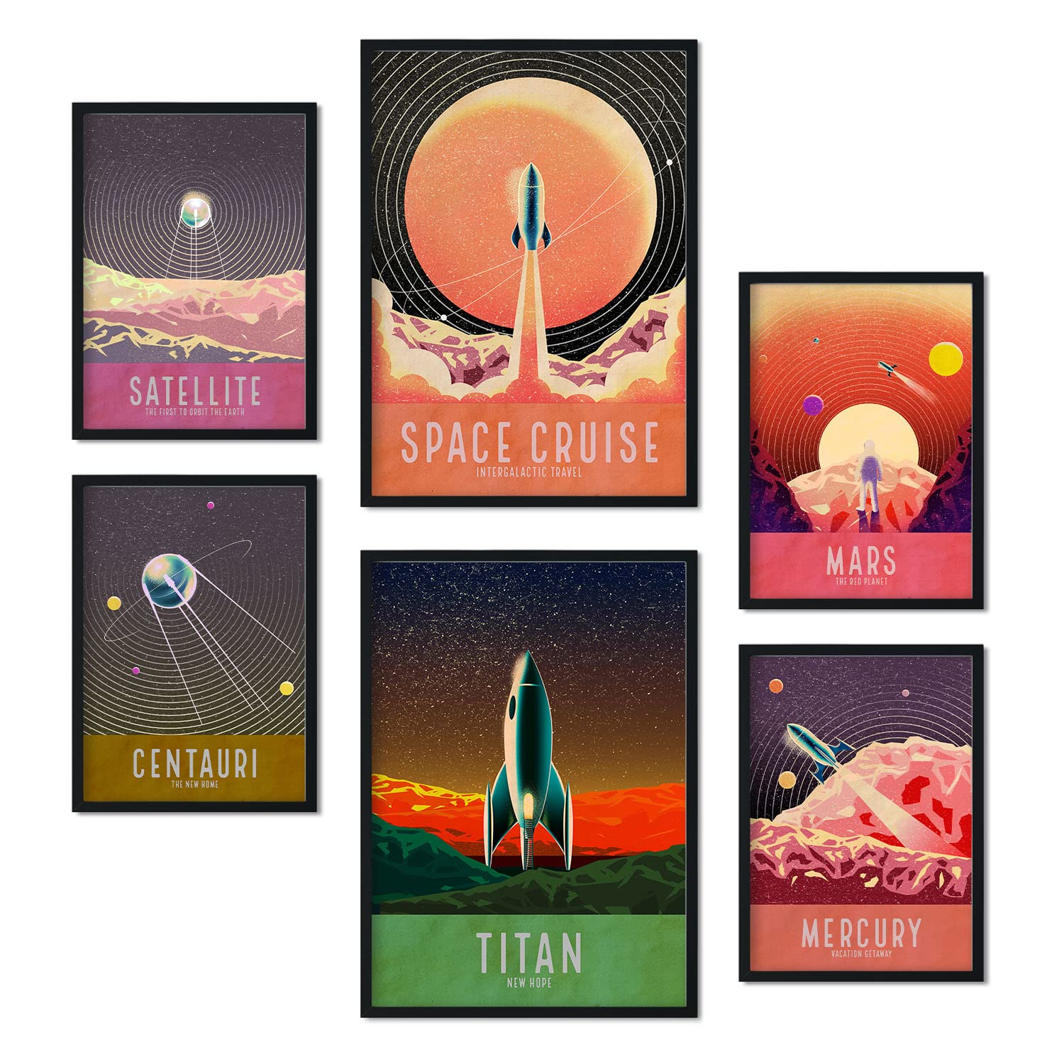 Nacnic Set of 6 Space posters. Collection of posters in collage aesthetic for interior decoration. Sizes A3 and A4. Frameless.