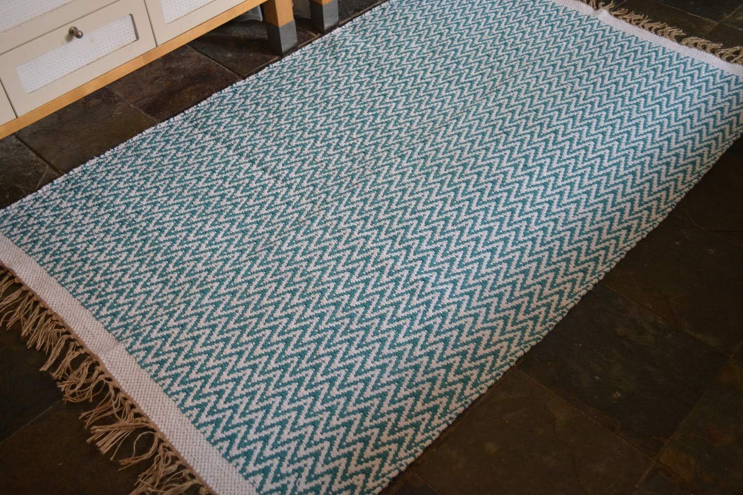 Rugsite 100% Cotton Teal Chevrons Heavy Chunky rug. 120x180cm Large reversible room size modern rug