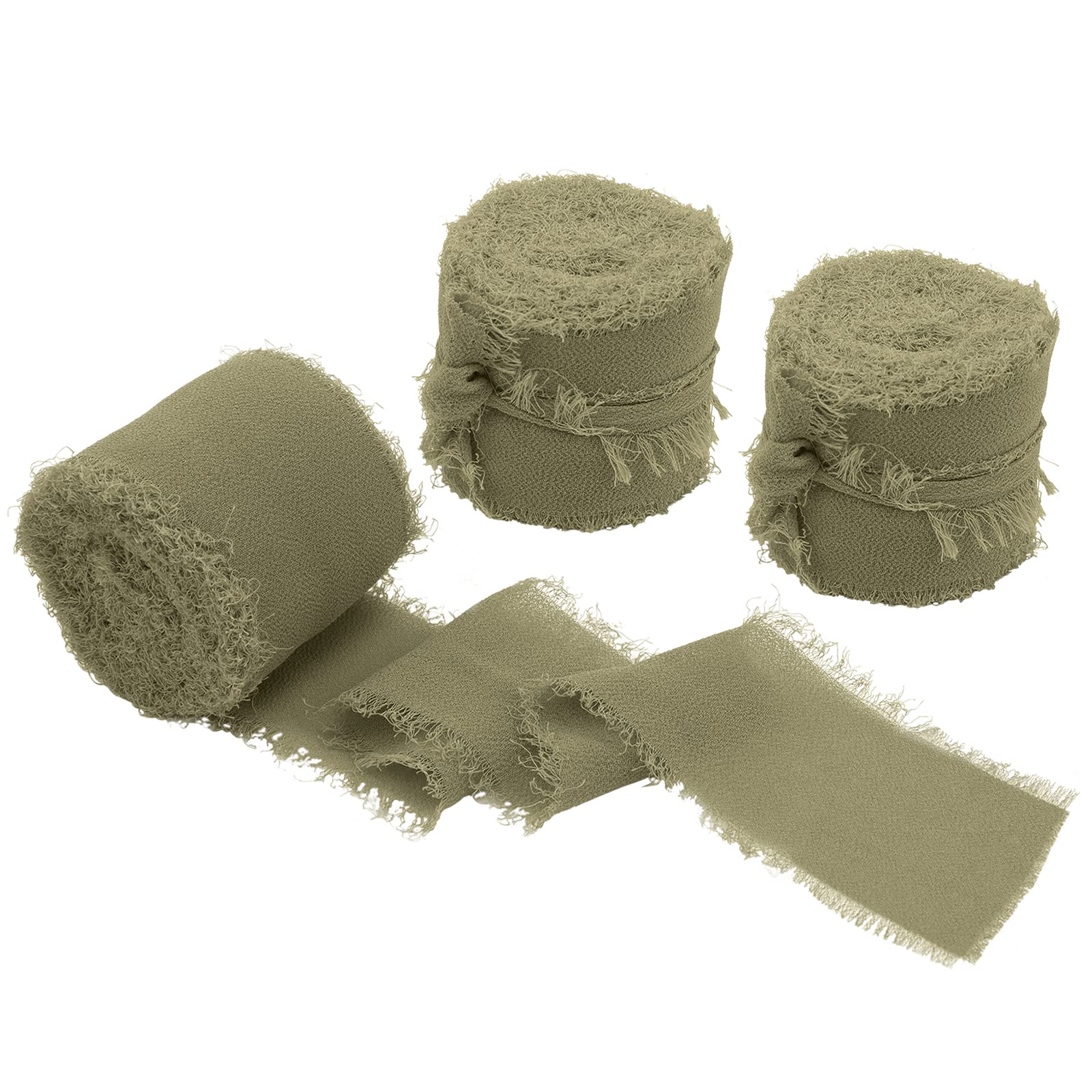 Uiopa 3 Rolls Chiffon Ribbon, 38mm x 21 Yards Frayed Edges Chiffon Silk-Like Ribbon, Olive Green Ribbons for Gift Wrapping, Wedding, Bridal Bouquets, Wreath, Table Decoration, DIY Craft