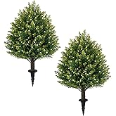 21'' Artificial White Berries Topiary Ball Trees with Ground Spike, UV Resistant Fake Plant Brush, 2 Pack Artificial Cedar Shrubs for Outdoor Indoor Front Porch Garden