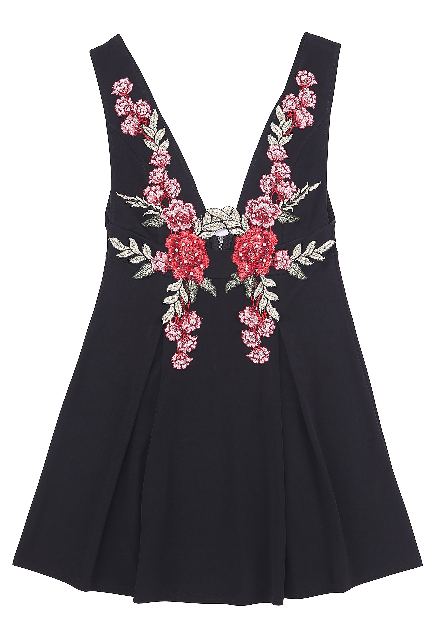 Goddess Area Women\'s Deep V Neck High Waist A Line Flower Print Cocktail Vintage Midi Dress (L, Black)