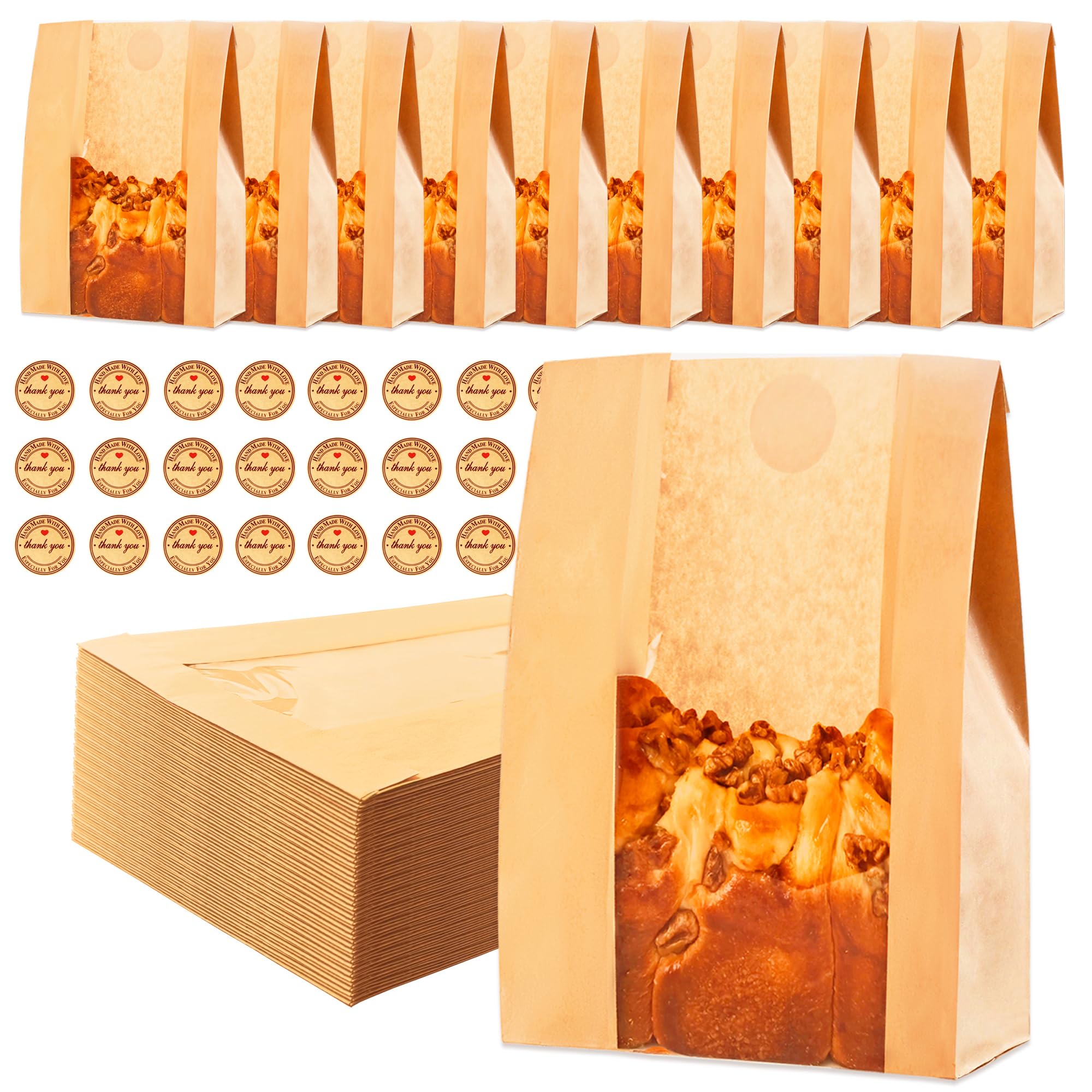 Photo 1 of Homrelaxy 60pcs Paper Bread Bags for Homemade Bread, Sourdough Bags with Window, 13.7 x 8.3 x 3.5 Inch Large Brown Kraft Bakery Bag for Storing Loaves & Snacks, Includes 70 Sealing Stickers