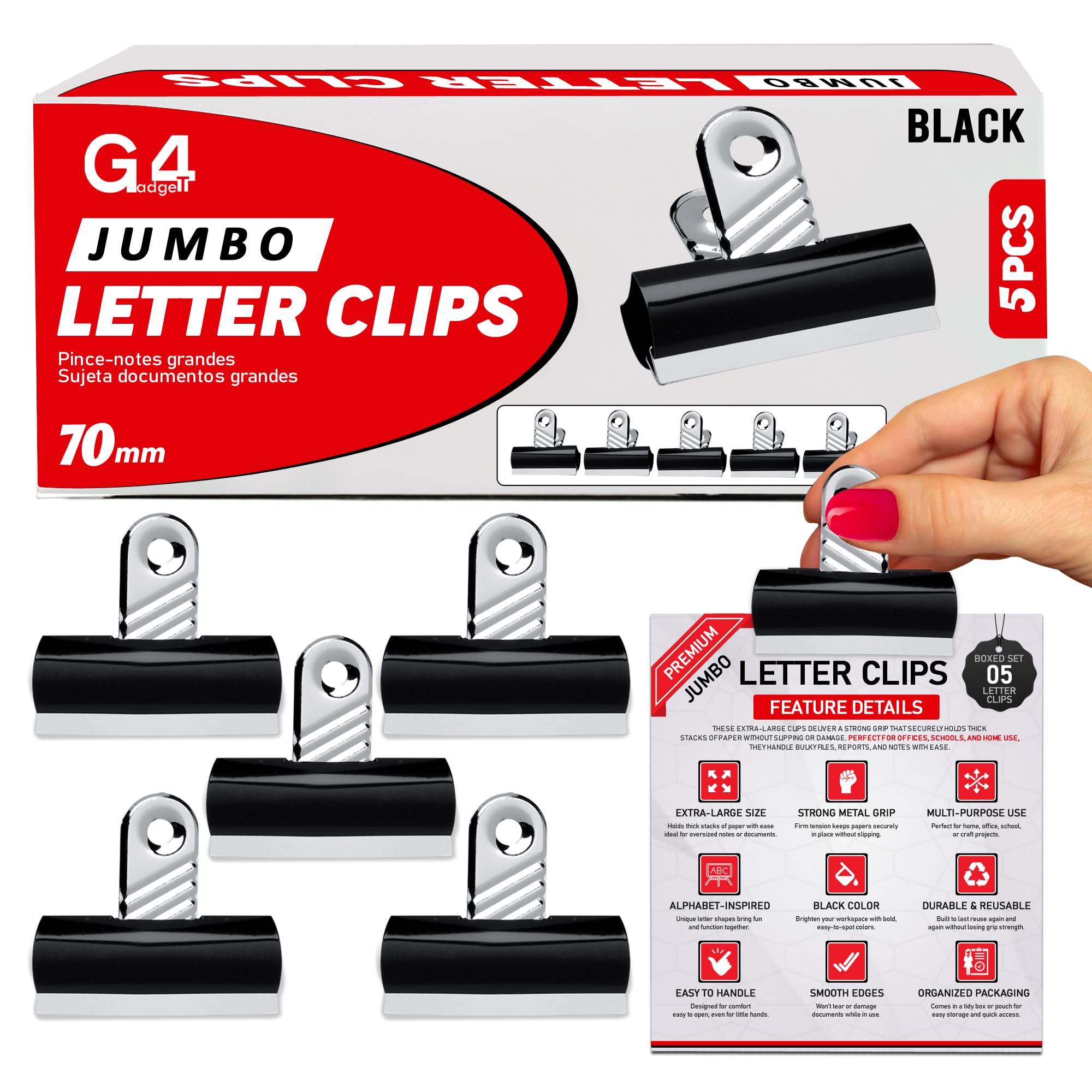 G4GADGET Pack of 5 Jumbo Black Bulldog Clips 70mm – Heavy-Duty Metal Binder Clips – Strong Grip Paper Clips for Office, School & Home – Ideal for Securing Documents & Files — image 1