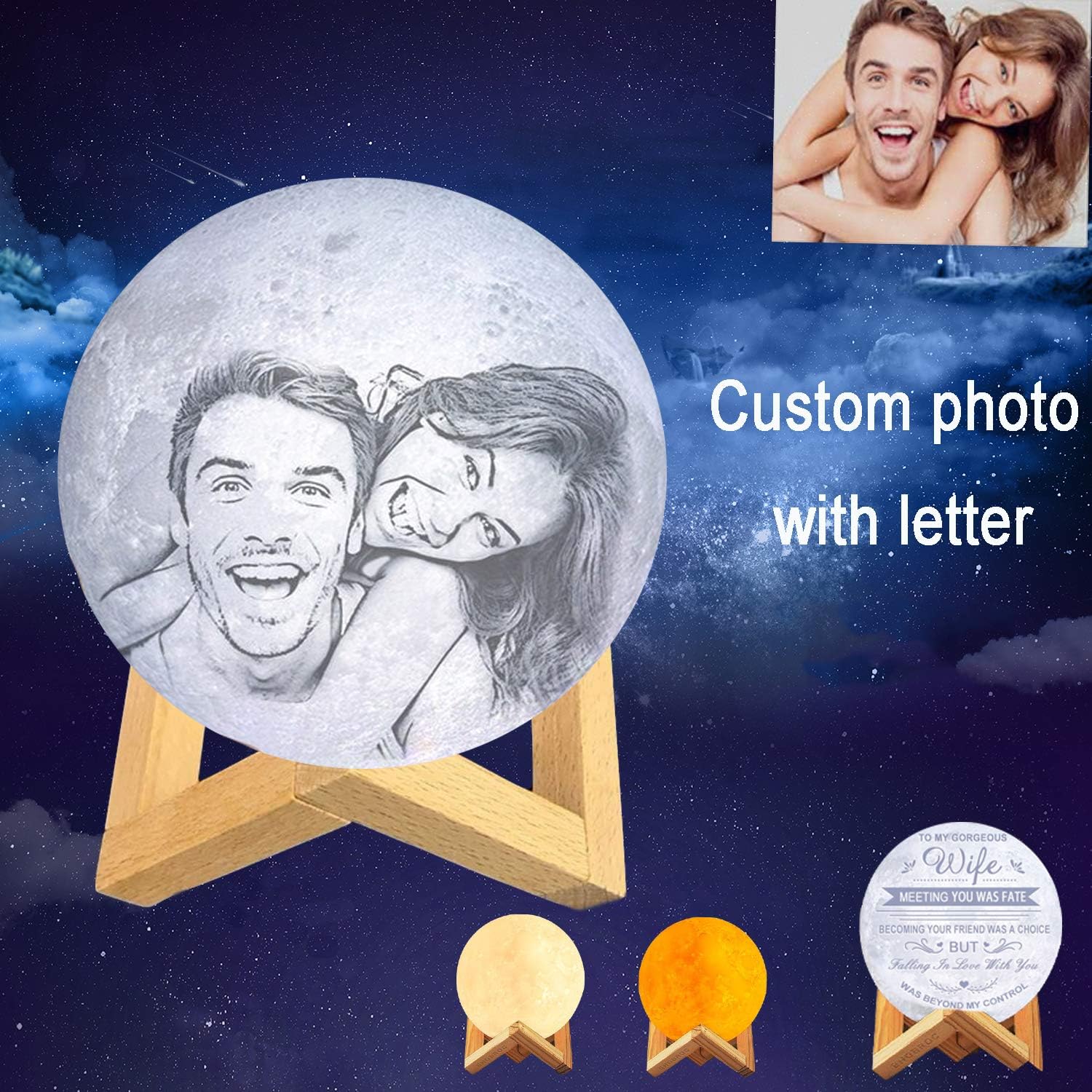 Personalized Moon Lamp, 3 Colors 5.9inch Custom Moon Night Light with Stand, Touch Control, USB Rechargeable Home Decorative Light for Baby Kids for Wedding, Anniversary, Birthday as Gift (Custom)