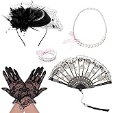 Fumwase 5Pcs Tea Party Accessories Set for Women Afternoon Tea Accessories Kit Gloves Hats Necklace Fan Bracelet