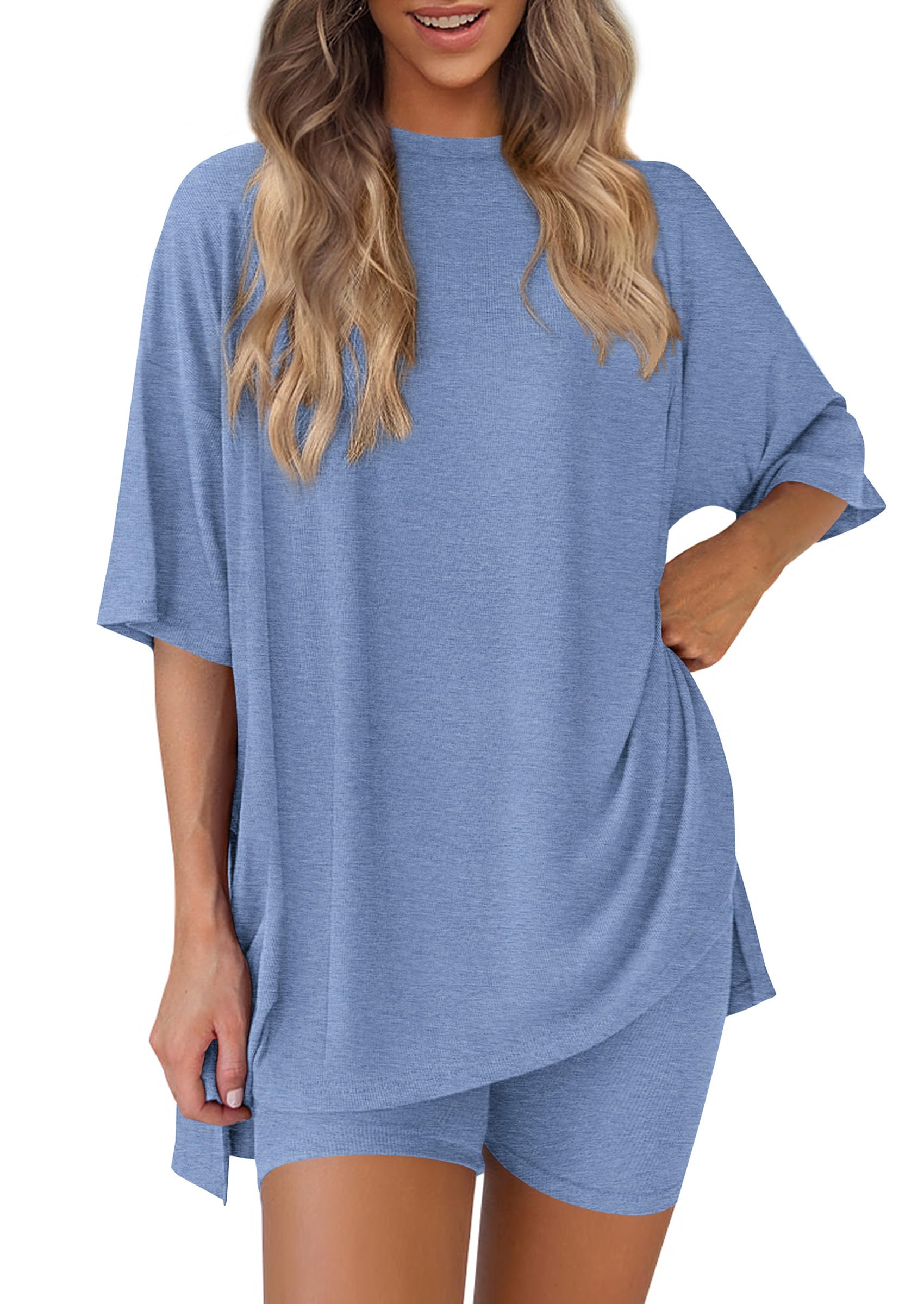 Photo 1 of PRETTYGARDEN Women's Two Piece Lounge Set 2025 Summer Casual Oversized Shirts Biker Shorts Matching Airport Travel Outfit (Grey Blue,Medium)
