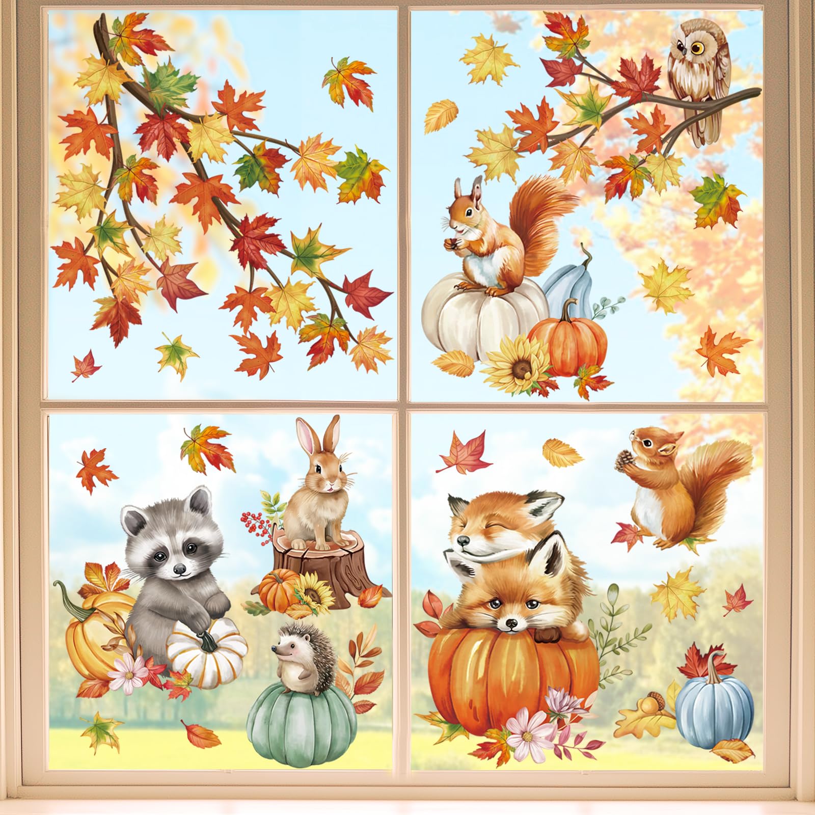 wondever Fall Woodland Animals Window Clings Autumn Pumpkin Fox Squirrel Owl Raccon Glass Sticker Decal Anti Collision Double-Side Static Window Stickers for Home Glass Window