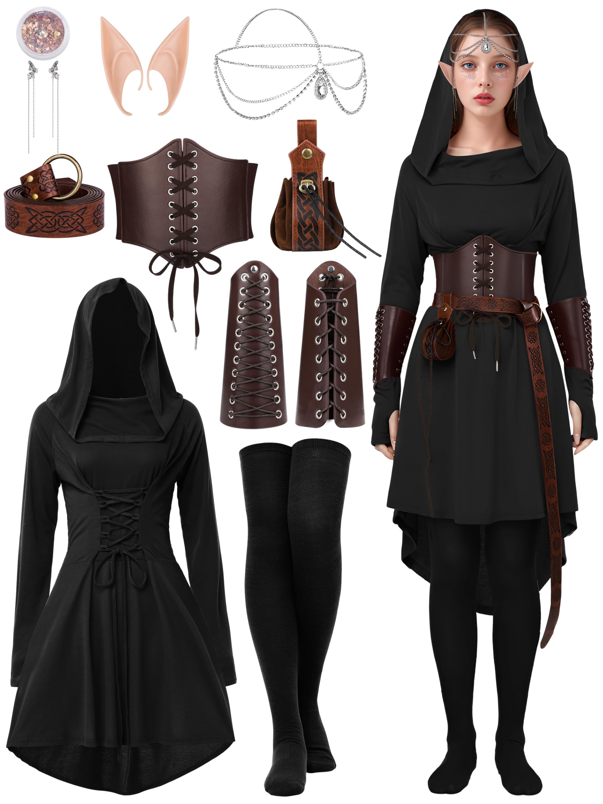 Photo 1 of SOMSOC Women Renaissance Halloween Fairy Costumes Medieval Hooded Robe Lace Up Dress Accessories Set Cosplay