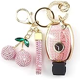 Rayslesan Sparkly Key Fob Cover with Cherry Keychain, Bling TPU Smart Key Case for Women, Compatible with Mercedes C/C AMG，E/E AMG ，R S G CL GLK ML Series (3-Button, Gold Pink)