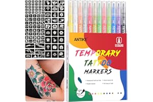 ANTIKE Temporary Tattoo Markers,12 Colors Washable Body Markers Tattoo+104 Unique Tattoo Stencils,Tattoo Pens Temporary Tattoo Kit for Teens and Adult ZYH2311001KIT