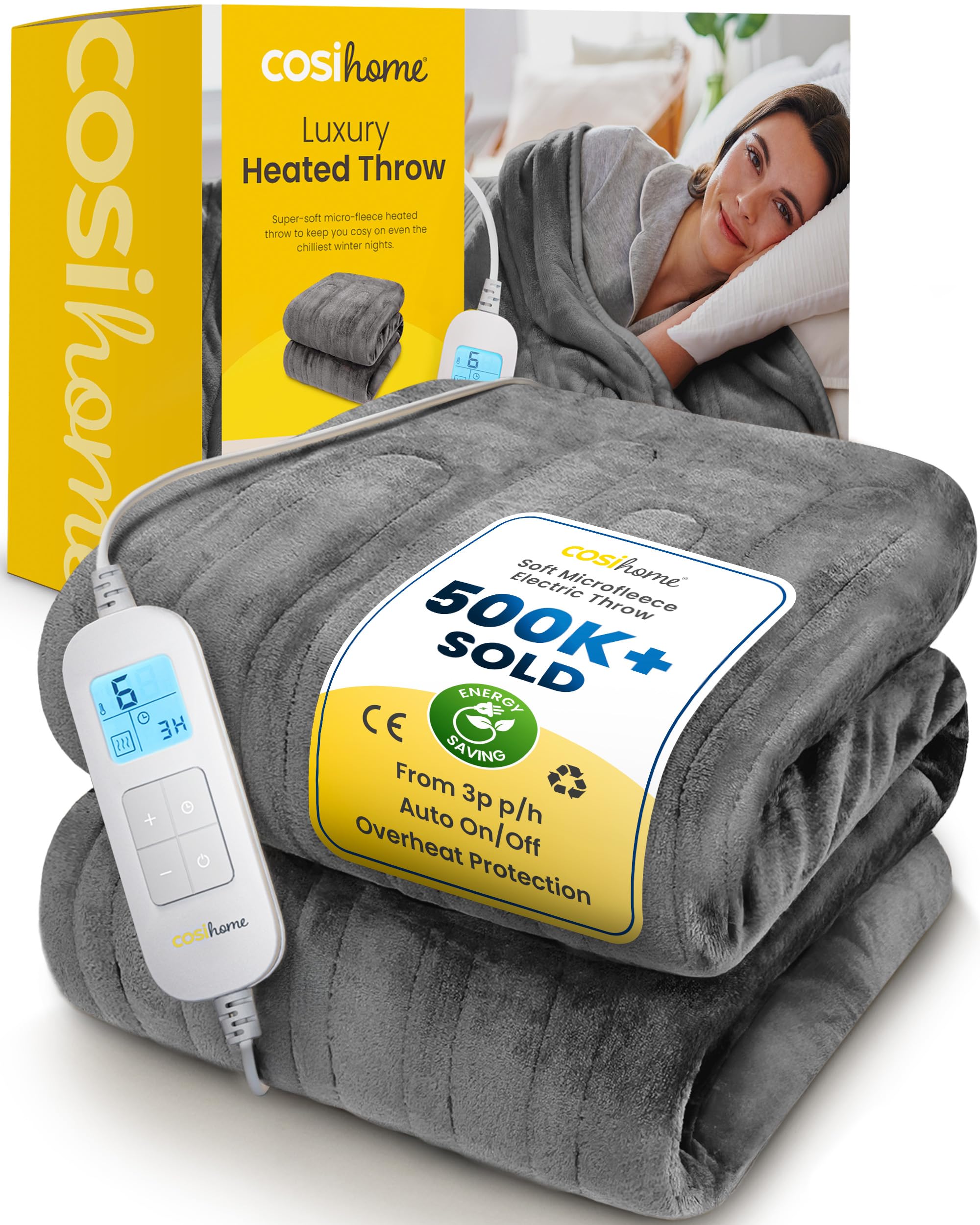 Cosi Home® Luxury Heated Throw - Electric Blanket - Extra Large Heated Blanket, Machine Washable Fleece with Digital Remote, 10hr Timer and 10 Heat Settings (Grey)