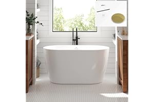 FerdY 47" Bali Acrylic Freestanding Bathtub, Gracefully Shaped Freestanding Soaking Bathtub, cUPC Certified, Toe-Tap Polished Gold Drain and Minimalist Linear Design Overflow Included