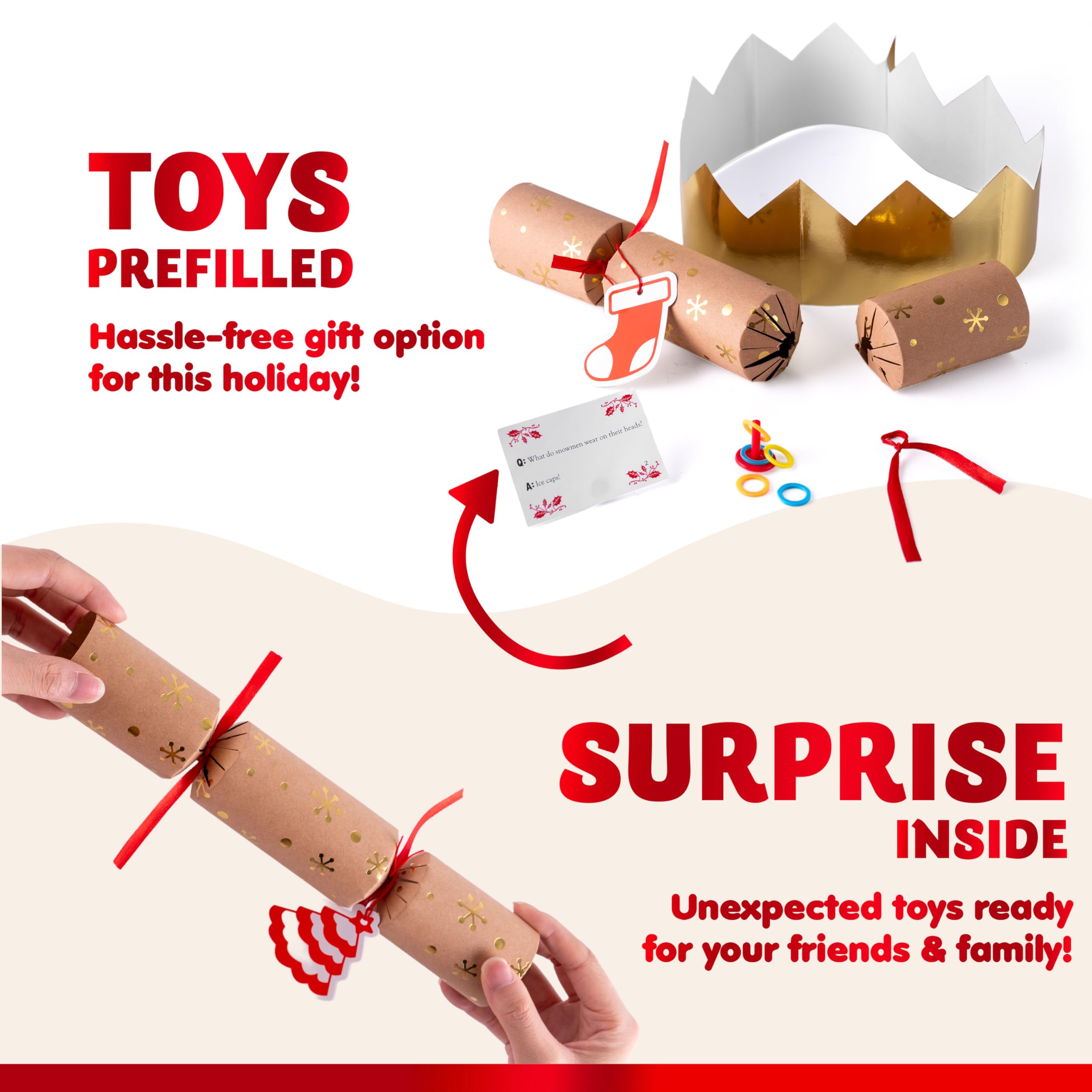 JOYIN 8 Pcs 10” Christmas Non-Snap Party Table Favor with Classic Design, with Party Hat, Joke & Little Gift Inside, for Xmas Gift, Christmas Seasonal Holiday Dinner Traditions