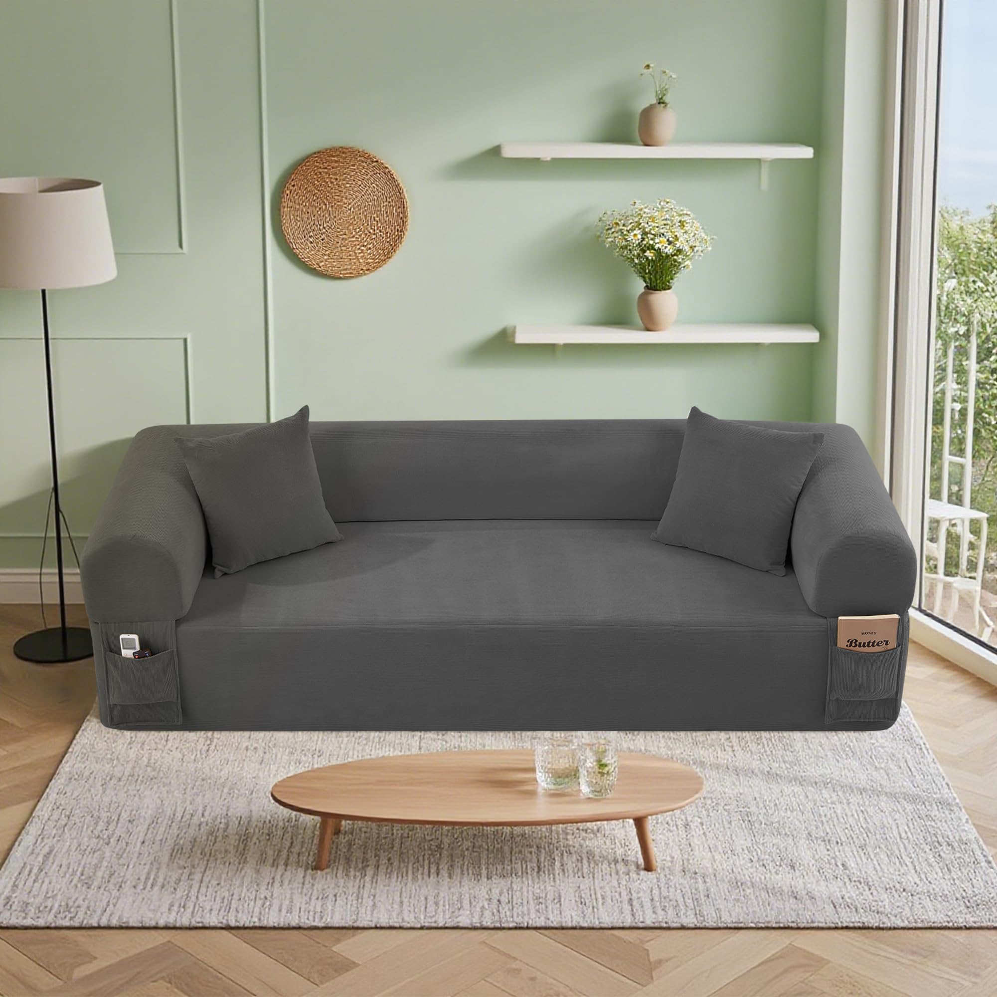 Photo 1 of 83'' Boneless Sofa in A Box, 3-Seater Floor Sofa No Assembly Corduroy Couch for Living Room, Cloud Couch with 2 Pillows & Storage Bag, Memory Foam Small Floor Couches for Office, Dark Gray