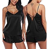 RSLOVE Women V Neck Sexy Lingerie Satin Sleepwear Pajamas Cami Shorts Set Nightwear