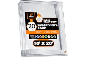 10' x 20' Clear Vinyl Tarp - Fire Retardant 20 Mil Super Heavy Duty Transparent Waterproof PVC Tarpaulin with Brass Grommets - for Patio Enclosure, Temporary Wall, Multipurpose - by Xpose Safety