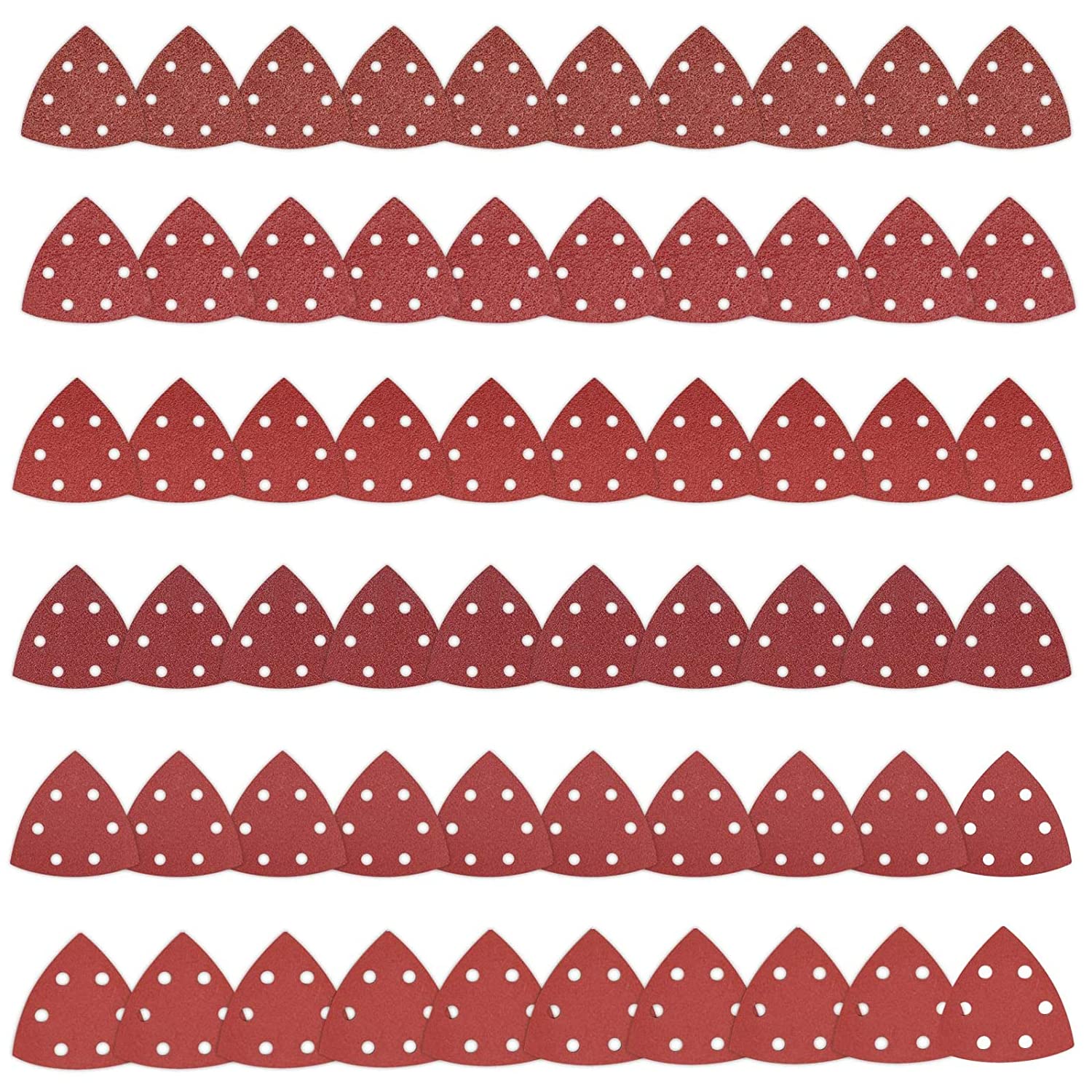 Nutmanel Triangle Sanding Pads, 60 Pack Mouse Sander Pads Sandpaper Sanding Paper with 6 Holes 40/80/120/180/240/320 Grits for Delta Sanders/Multi-Sanders