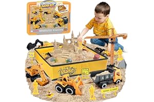 BEIREG Construction Sand Castle Building Kit, Magic Sand Art with Folding Sandbox Construction Vehicles, Sensory Bin Toys for Boys Kids 3-8