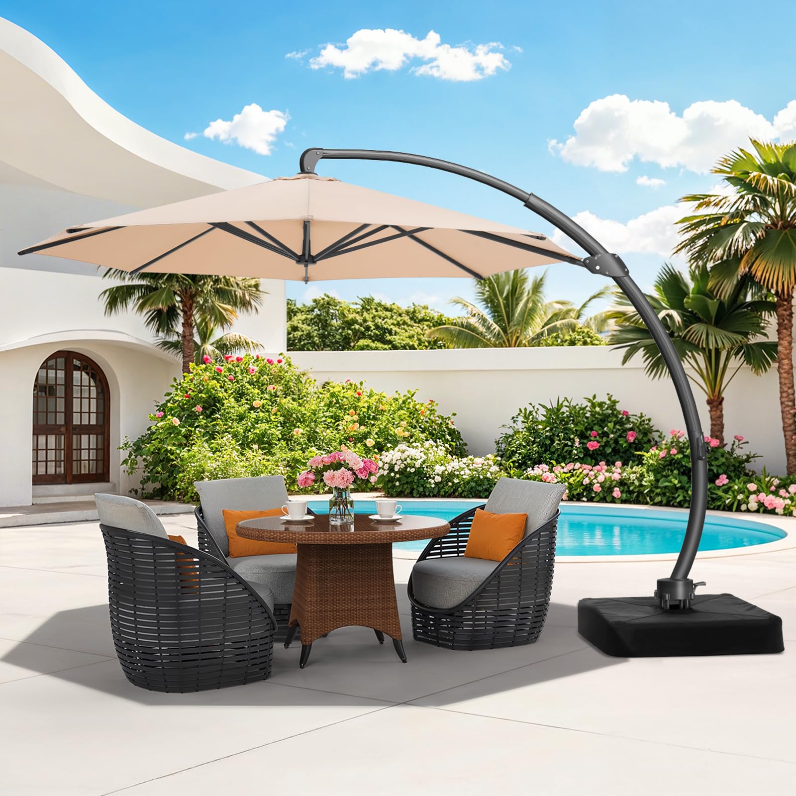 Photo 1 of 11 FT Outdoor Patio Umbrella with Base, Aluminium Curved Cantilever Umbrella, Large Round Hanging Offset Umbrella with Unlimited Position Adjustment and 360°Rotation for Market Garden Pool, Champagne