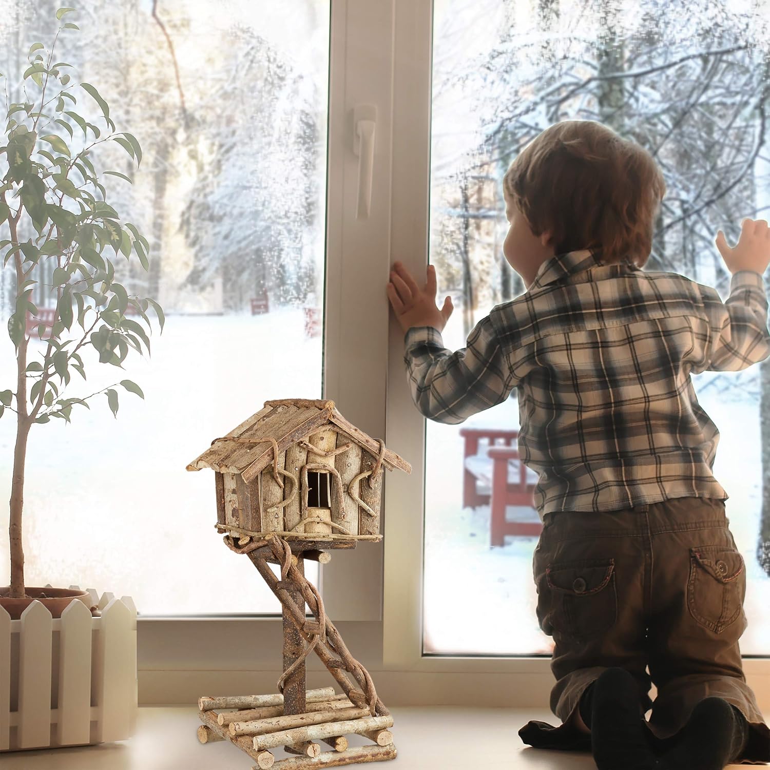 Relaxdays Freestanding Bird House, Untreated Decorative Bird Hotel on Stand, Handmade Nesting Box with Ladder, Natural - Image 3
