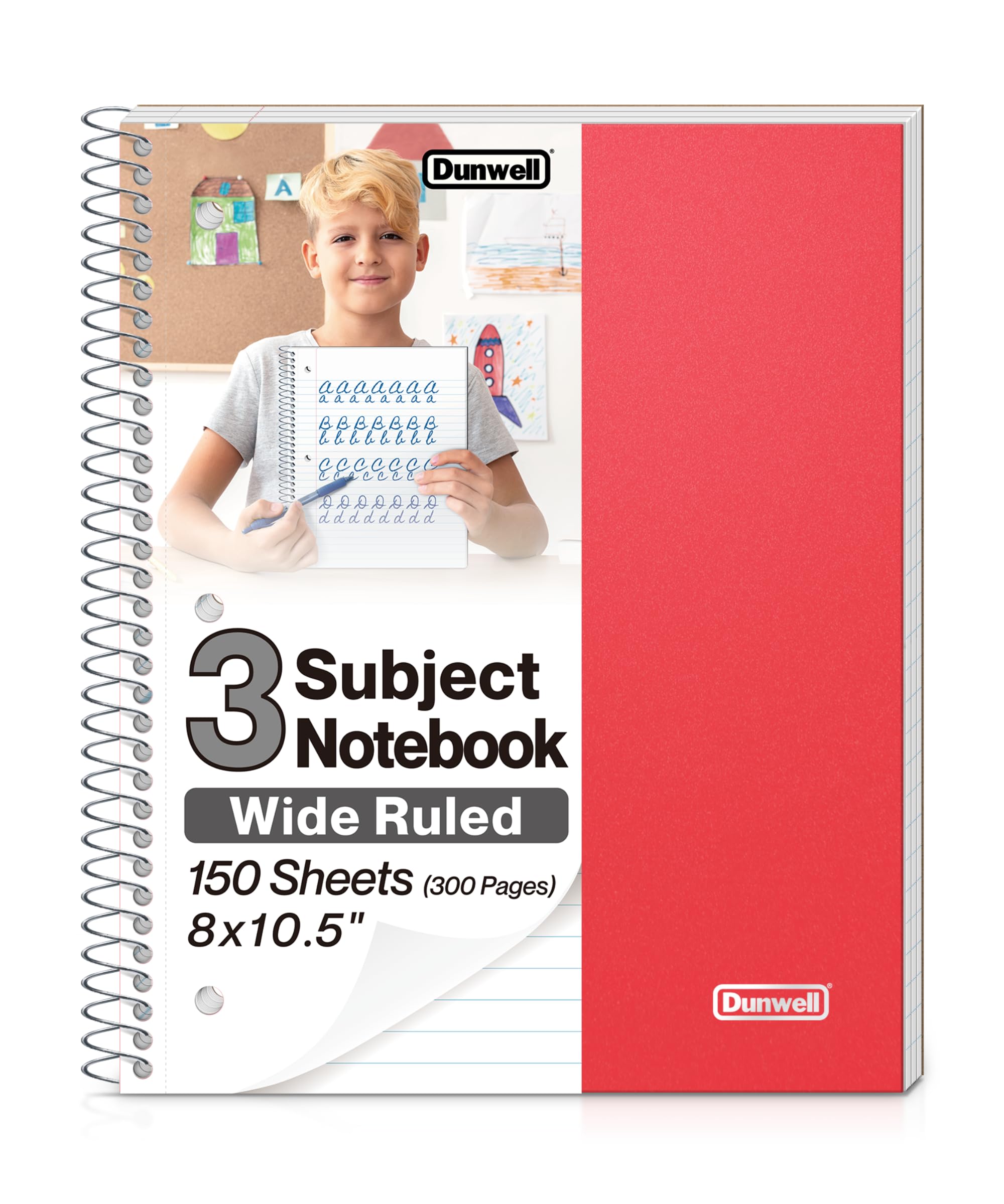 Photo 1 of Dunwell 3-Subject Spiral Notebook, (Red) Plastic Cover, 150 Sheets (300 Pages) Wide Ruled 8x10.5 Paper, 3-Hole Punched Perforated Pages, 3 Divider Folders with Pockets