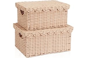 FairyHaus Scalloped Wicker Basket with Lid, Waterproof Storage Basket with Removable Tray Lid Cream, Handwoven Plastic Wicker Baskets for Nursery 2Pack, 15 x 11.22 x 7 & 13 x 9.45 x 5.9