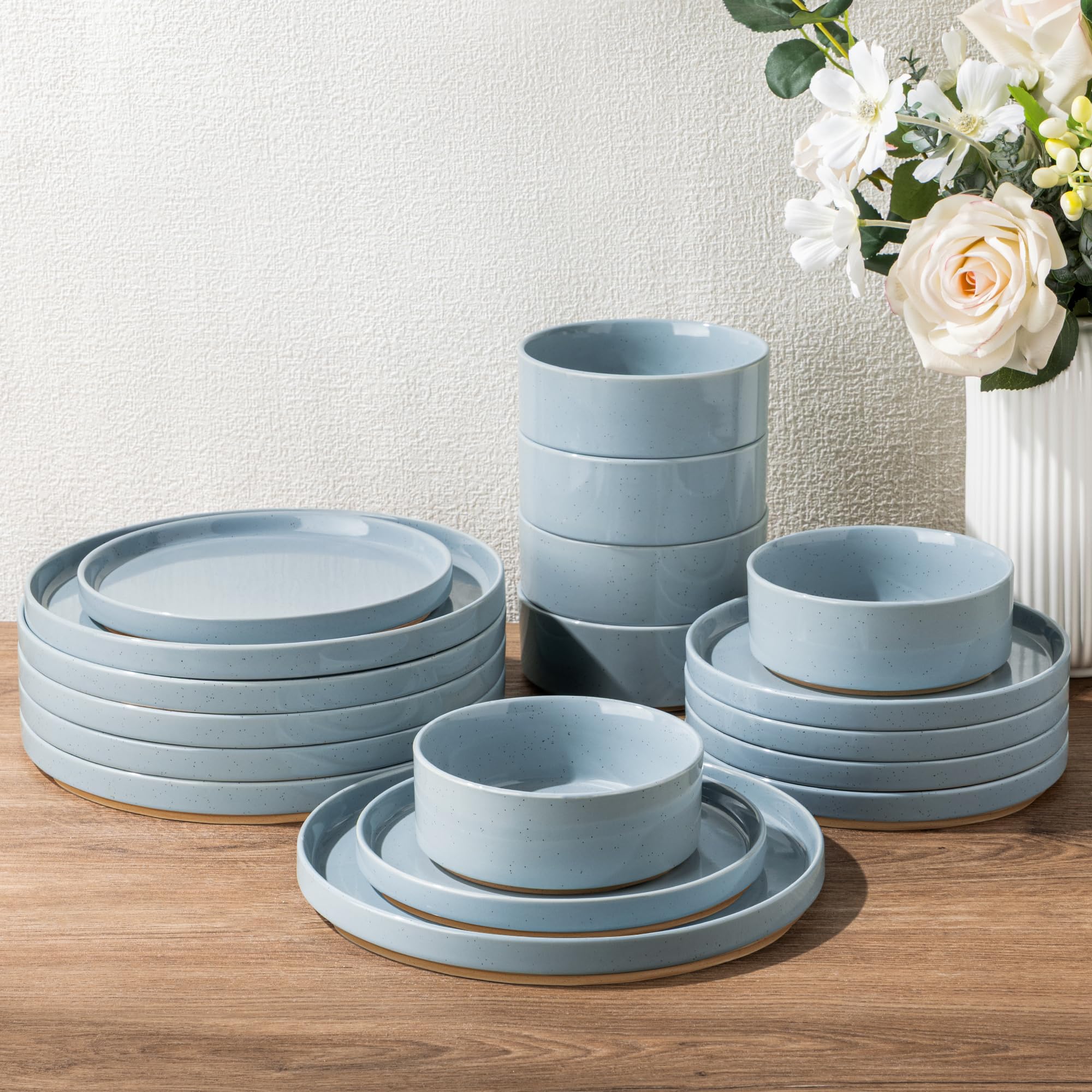 AmorArc Ceramic Dinnerware Set for 8 | Speckled Stoneware Plates and Bowls with Rustic Terracotta Underside| Scratch Resistant,Dishwasher & Microwave Safe Dishes Sets- 24pcs Blue Image