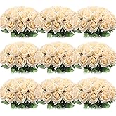 Jexine 100 Pieces Artificial Roses Flowers Bulk, Long Stem Realistic Fake Silk Roses Bouquet for Table Centerpiece Vases Wedding Party Kitchen Decor (Champagne)