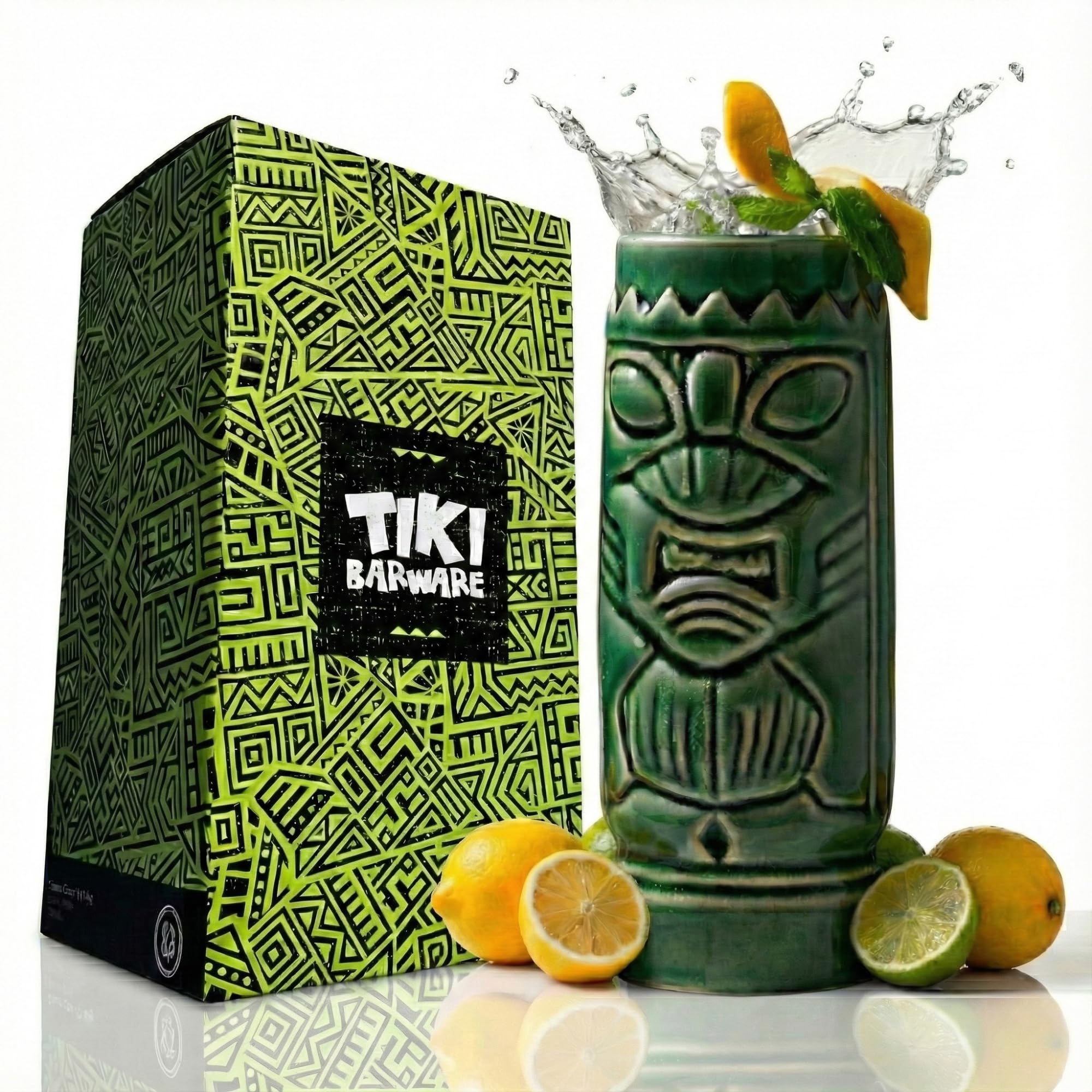 Drinkstuff Ceramic Green Tiki Mug 300ml – Hand-Painted Cocktail Mug in Gift Box, Hawaiian Tiki Bar Glass for Pina Coladas, Mocktails & Tropical Drinks