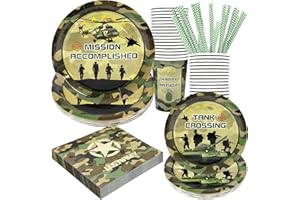 Recheel Army Birthday Party Supplies Decorations, Camo Theme Birthday Paper Plates and Napkins Set with Cups and Straws for 2
